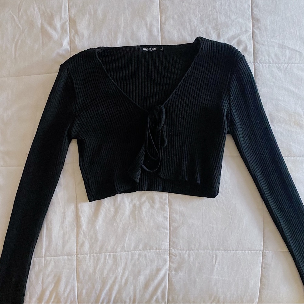 NASTYGAL Tie Front Black Ribbed Cardigan